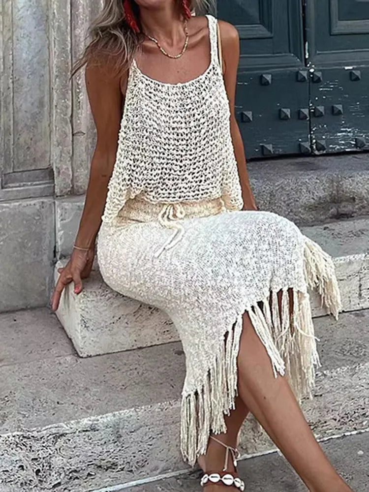 Zweiteilige Sets gestrickte Leibchenbluse Quastenröcke Frauen Sexy durchsichtig Sommer Mesh Strandkleid Anzüge aushöhlen Sling Tops