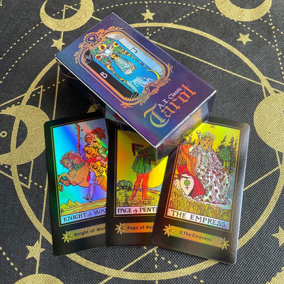 Glänzende englische holografische Tarotkarten für Anfänger mit Ratgeber, Brettspiele, Catan, Runen, Psychologie, Schicksal, spirituelles Deck