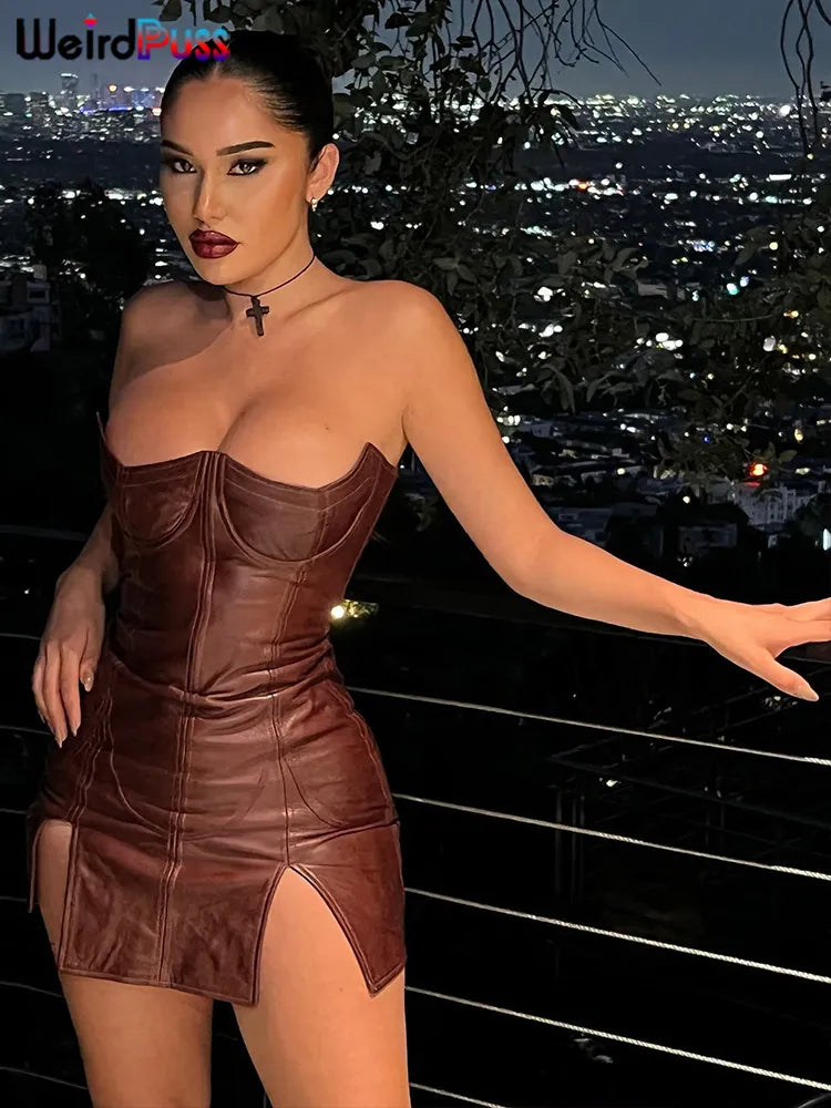 Weird Puss Women Sexy Backless Dress Strapless Split Faux Leather Trend Skinny Solid Coquette Bodycon Midnight Vacation Clubwear