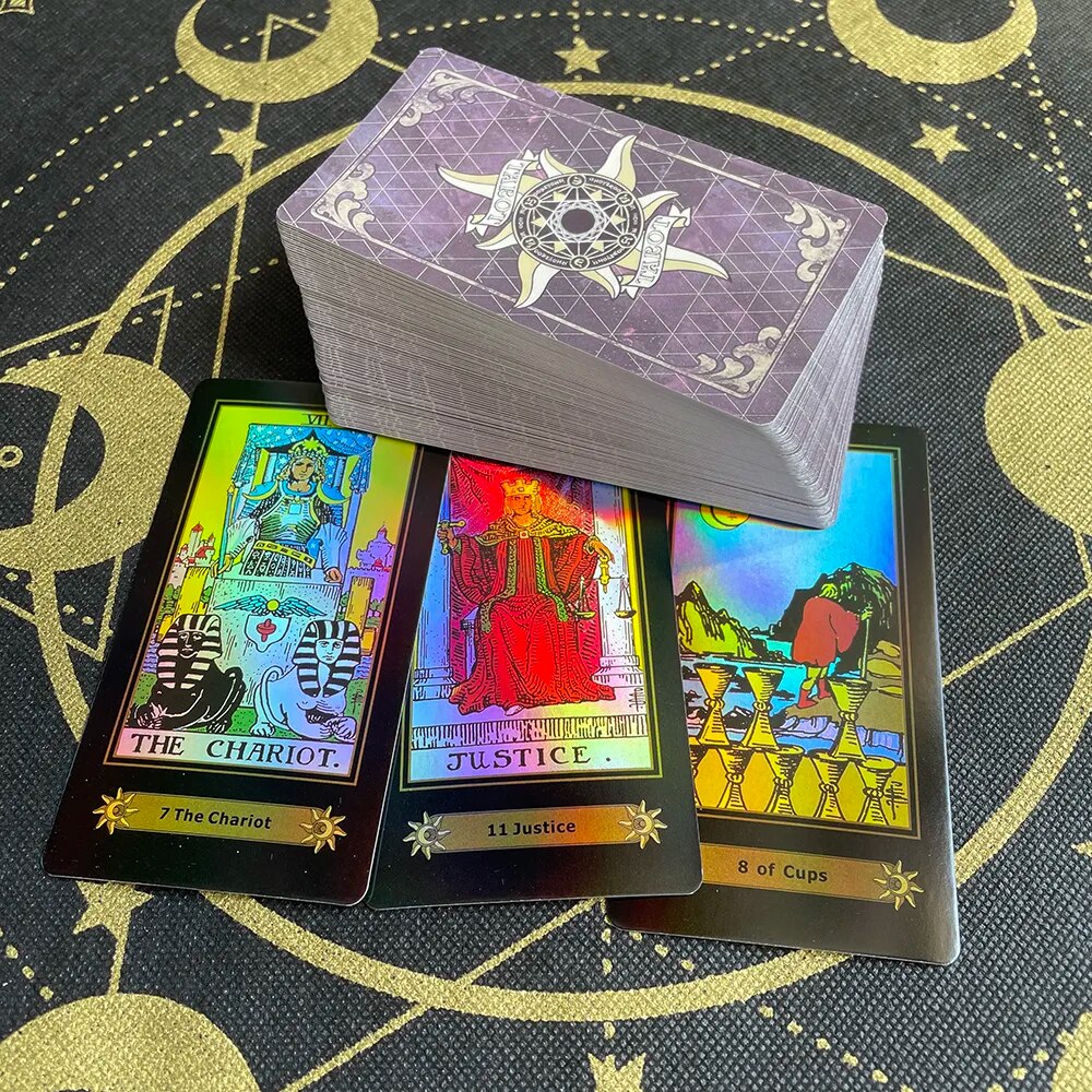 Cartas de Tarot holográficas en inglés brillante para principiantes, con guía, juegos de mesa, runas Catan, psicología, destino, baraja espiritual