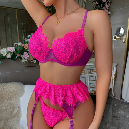 Feine Dessous für Frauen, Spitze, sexy Unterwäsche, Damen-Körper, Rüschen, Strumpfgürtel-Set, ausgefallener BH und Höschen-Set, intime Outfits