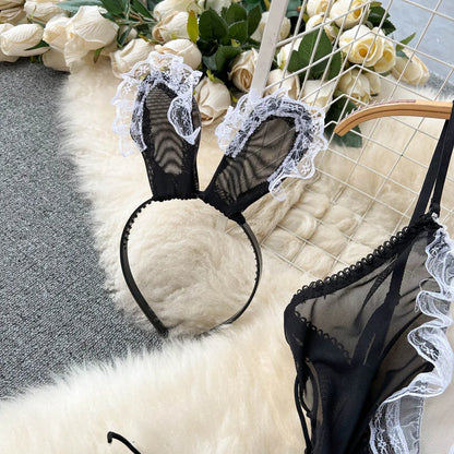 Cosplay Rabbit Maid Sexy Bodysuits Ladies Transparent Mesh Splice Lace Slim Nightwear 2023 Open Crotch Sexy Jumpsuit Wanita