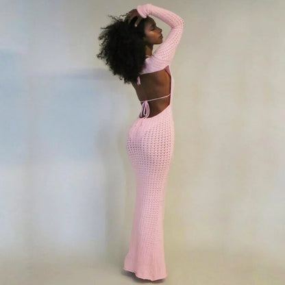 Pink Crochet Knitted Backless Sexy Dress Women Elegant Long Sleeve Bodycon Dresses Autumn Female Hollow Out Beach Long Vestido