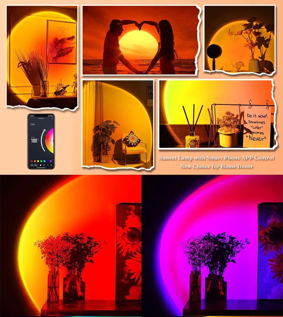 Tuya USB Sunset Lamp LED Rainbow RGB Night Light Projector Photography Wall Atmosphere Lighting for Bedroom Home Room Decor Gift