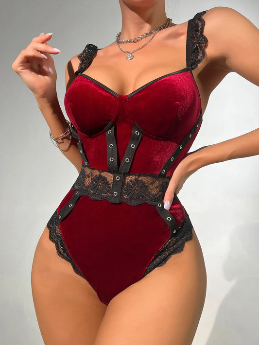 Body de terciopelo con retales de encaje para mujer, Body de lujo de una pieza sin entrepierna, Teddy Fitness con volantes, Tops sexys de invierno