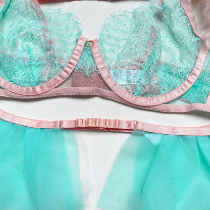 Feder-Dessous, sexy 5-teiliges Damen-Unterwäsche-Set, unzensiert, ausgefallene transparente Spitze, einzigartiges Paar, intim