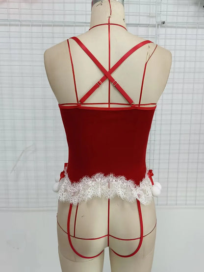 Body Sexy de piel de encaje navideño para mujer, peleles ajustados con tirantes finos y entrepierna abierta, monos de cosplay o Wanita 2023