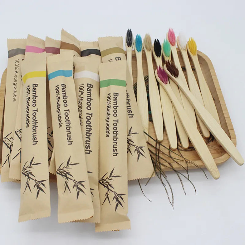 Single Cowhide Wrapped Bamboo Toothbrush Set Natural and Environmentally Friendly Bamboo Toothbrush Tablet 10 PCS Wholesale