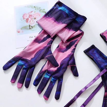 Lencería Tie Dye para mujer, ropa interior de encaje con medias y guantes, novedad en ropa de dormir para mujer, trajes de sujetador transparente