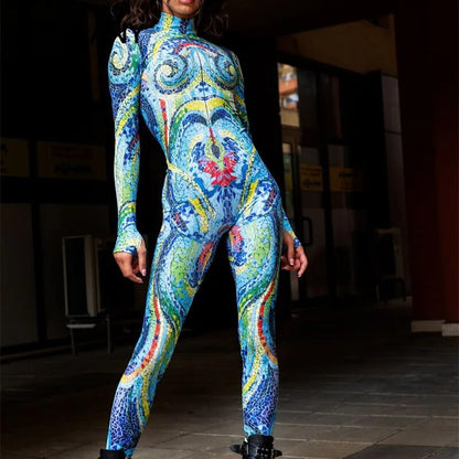 Multicolor Ocean Style Cosplayer Halloween Tight Woman Suits Printed Bodysuit Purim Carnival Festival Cosplay Costume Catsuits