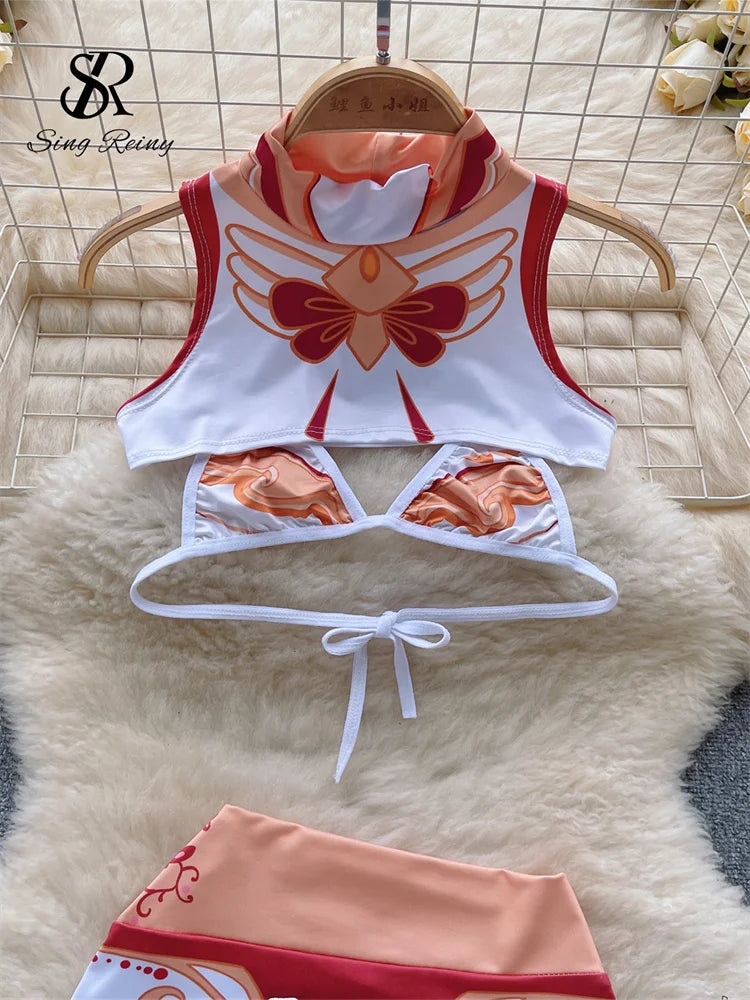 Cosplay Sexy Anzüge 2023 Ärmelloses Mini Top + Kurzer Schlanker Rock + Tangas Mantel Print Bikini Süße Drei Stücke Sets Wanita