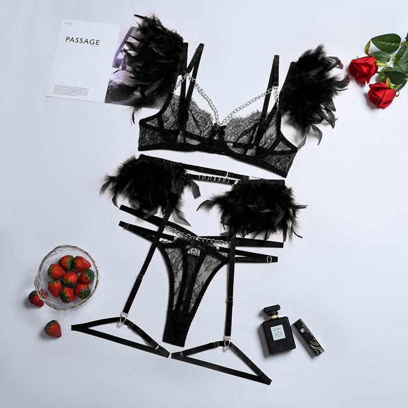 Feder Dessous Sexy Unterwäsche Frauen Körper Transparent BH Metall Kette Spitze 3-teiliges Set Luxus Intim