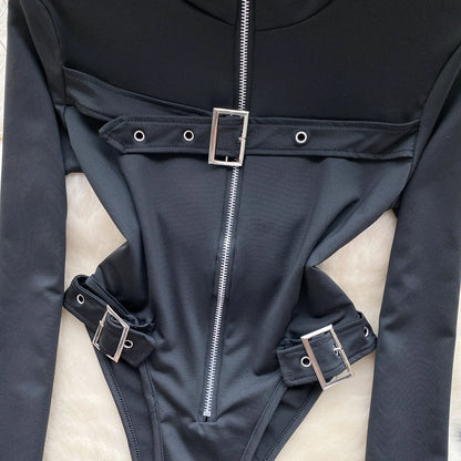 2023 Fashion Hotsweet Sexy Bodysuits Half High Collar Long Sleeved Zipper Women Open Crotch Streetwear Slim Playsuit Wanita