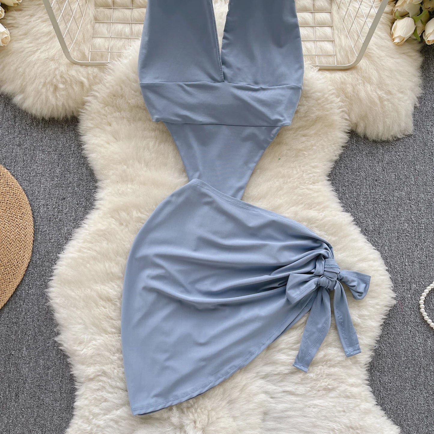 Halter Solid Sexy Bodysuits Women Deep V Neck Sensual Playsuits+Mini Skirt 2023 Bow Sweet   Night Suits Wanita