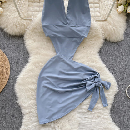 Halter Solid Sexy Bodysuits Women Deep V Neck Sensual Playsuits+Mini Skirt 2023 Bow Sweet   Night Suits Wanita