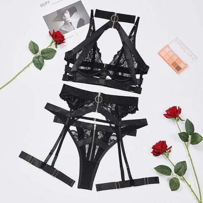 Fancy Lingerie Neckholder-BH-Set mit Reißverschluss, Push-up-Outfit, durchsichtige Spitzenunterwäsche, sinnlicher, luxuriöser Intmiate