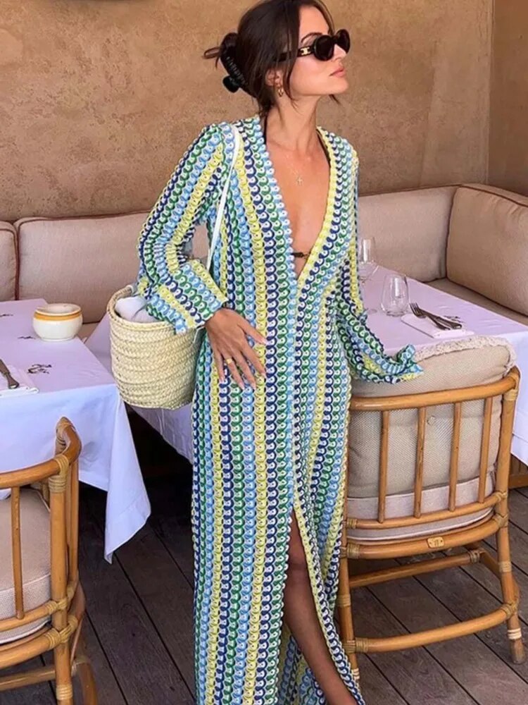 RDMQ 23 Women Striped Hooked Crochet Split Knit Long Dress Female Deep V Neck Long Sleeve Slim Vestidos Summer Vacation Outfits