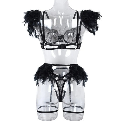 Feder-Dessous-Sets für Damen, luxuriös, mit Kette, G-String, feine Spitze, Unterwäsche-Set, BH-Outfit, transparent, intim