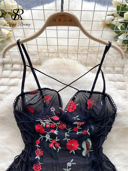 Strap Floral Stickerei Mesh Bodys Frauen Ärmellose Dünne Spitze Up Backless Overalls Koreanische Sheer Sexy Playsuits Wanita