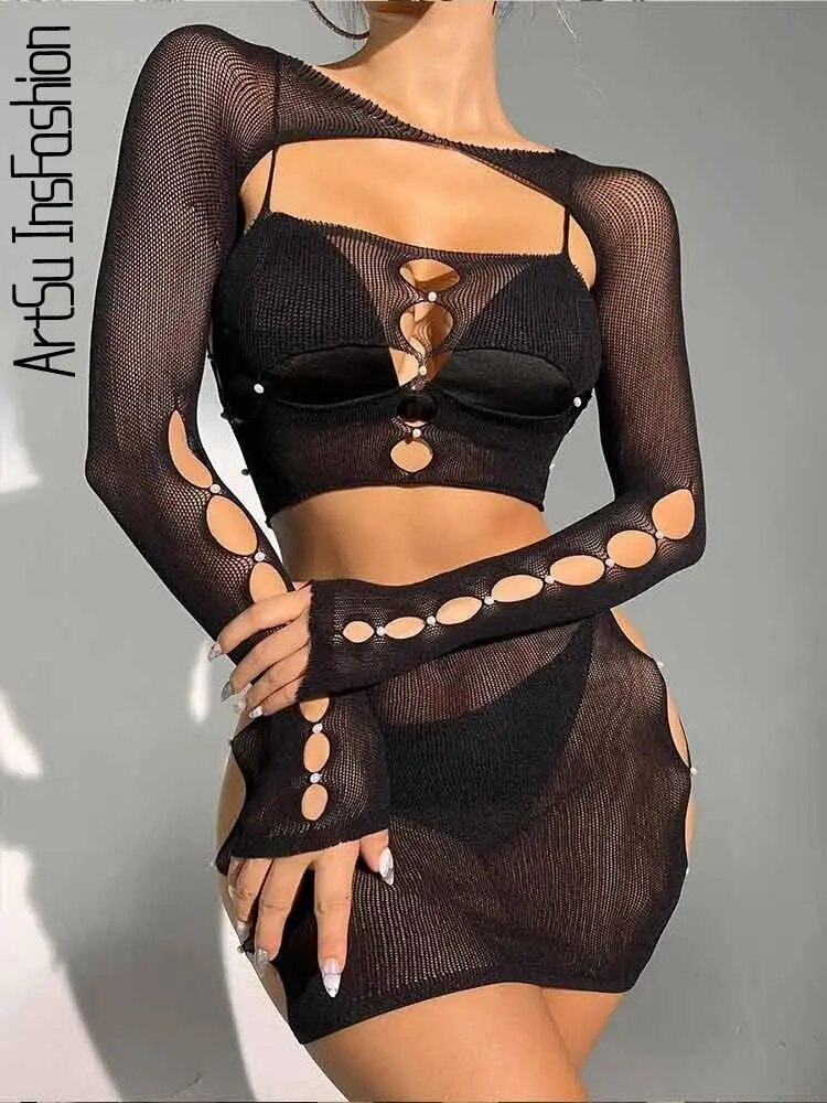 Knit Matching Sets Women Long Sleeve Crop Top Skirt Set See Through Club Party Suits Cut Out Two Pieces Sets Sexy Outfits Black