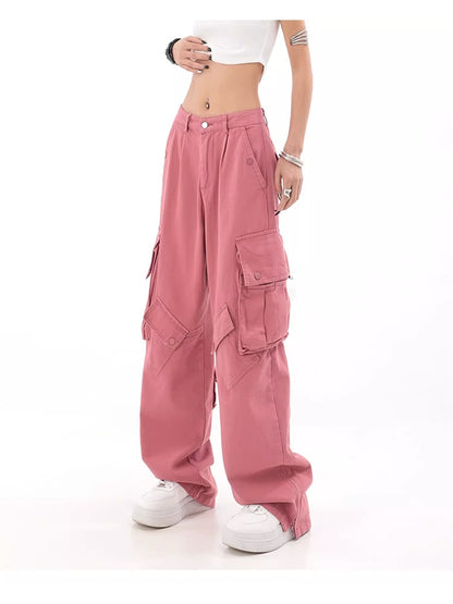 Pink Cargo Pants Streetwear Style High Waist Straight Jeans Pants Fashion Harajuku Women Baggy Y2K Wide Leg Loose Denim Trouser