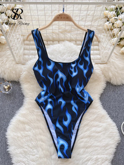 Strap Print Slim Swimsuits Ladies Backless Elastic Tank Playsuits 2023 Fashion Vintage Ins Sexy Bodysuits Wanita