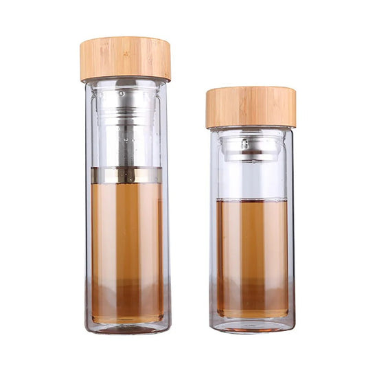 UPORS Glass Water Bottle with Tea Infuser Double Wall High Borosilicate Glass Travel Tumbler with Bamboo Lid Infusion Tea Bottle