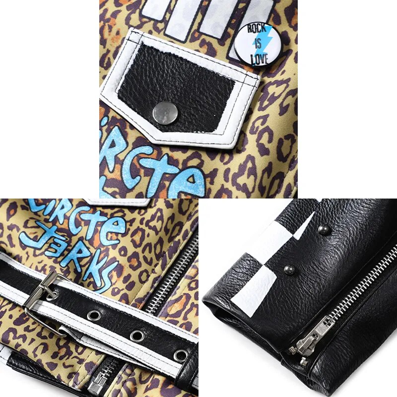 Punk Nieten abgeschnitten Lederjacke für Frauen 2023 Trend Streetwear Patchwork Leopard Print Kunstleder Motorradjacke