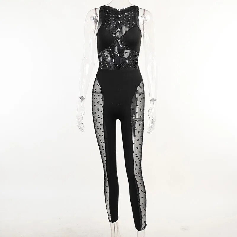 Mesh Durchsichtig Schwarz Bodysuit Frauen 2023 Strass Poster Sparkly Mädchen Pailletten Overall Sexy Party Nacht Clubwear ML22083PF