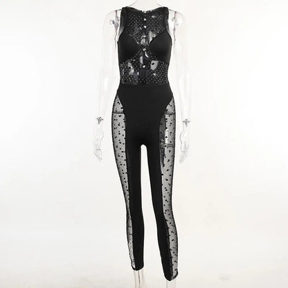 Mesh See Through Black Bodysuit Women 2023 Rhinestone Poster Sparkly Girl Sequin Jumpsuit Sexy Party Night Clubwear ML22083PF