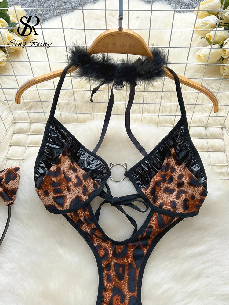 Wanita Leopard Leder Sexy Bodys Damen Halter Aushöhlen Schlanke Nachtwäsche Koreanische Backless Cosplay Playsuits