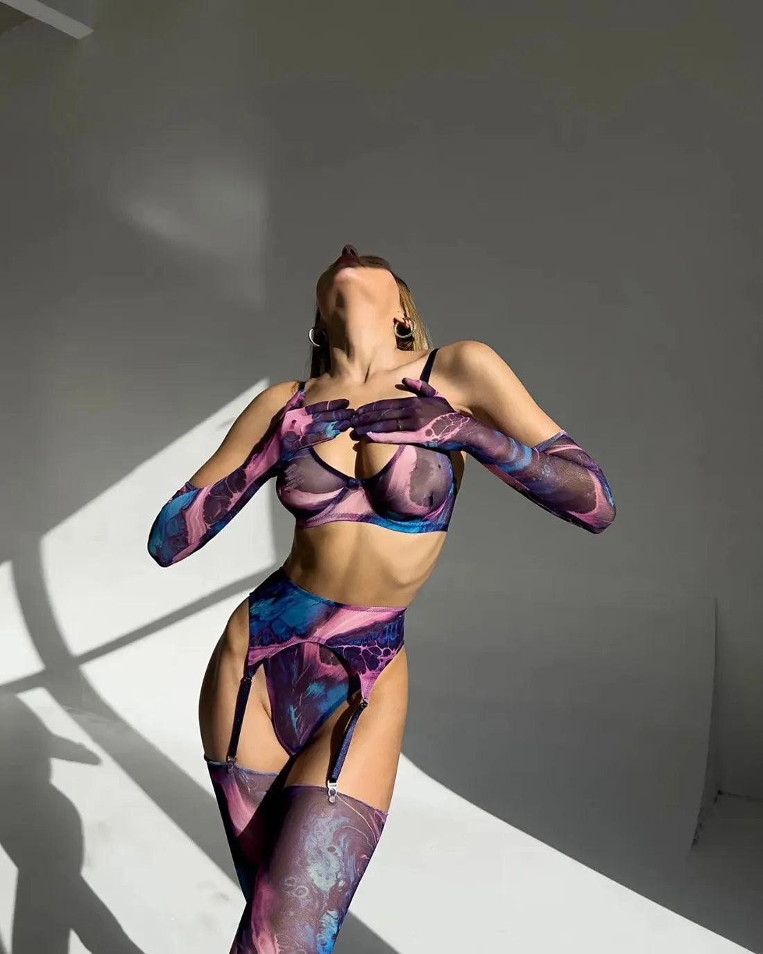 Lencería Tie Dye con guantes de media, ropa interior Sexy de lujo, traje Sensual de malla transparente íntimo sin censura de 5 piezas