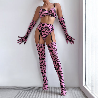 Leoparden-Dessous mit Strumpfhandschuhen, nahtlose Unterwäsche, sinnliches Strumpfgürtel-Set, rosa, rosa, intime sexy Outfits