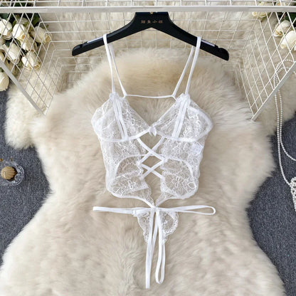 Hollow Out Lace Sensual Nightwear Transparent Open Crotch Slim  Playsuits 2023 French Style Sheer Sexy Bodysuits Wanita