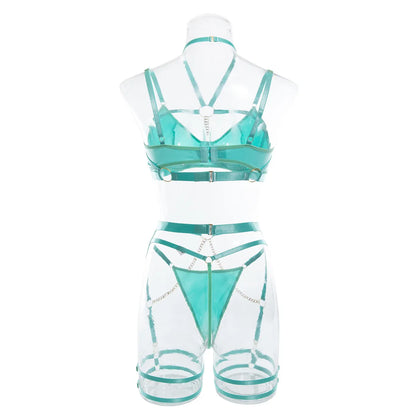 Neckholder-Dessous-Sets für Damen, luxuriös, mit Kette, G-String, feine Kette, Unterwäsche-Set, BH-Outfit, transparent, intim, sexy