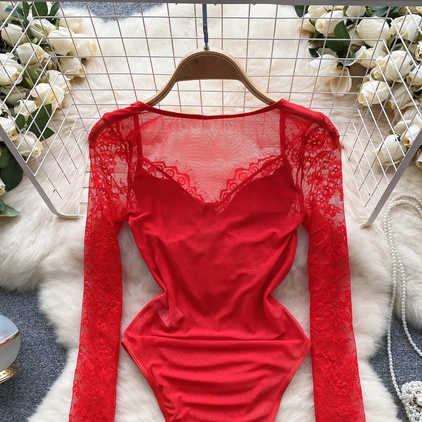 Fashion Lace Mesh Sexy Bodysuits Women Long Sleeved Open Crotch Y2K Top Transparent Streetwear Sensual Slim Playsuits Wanita