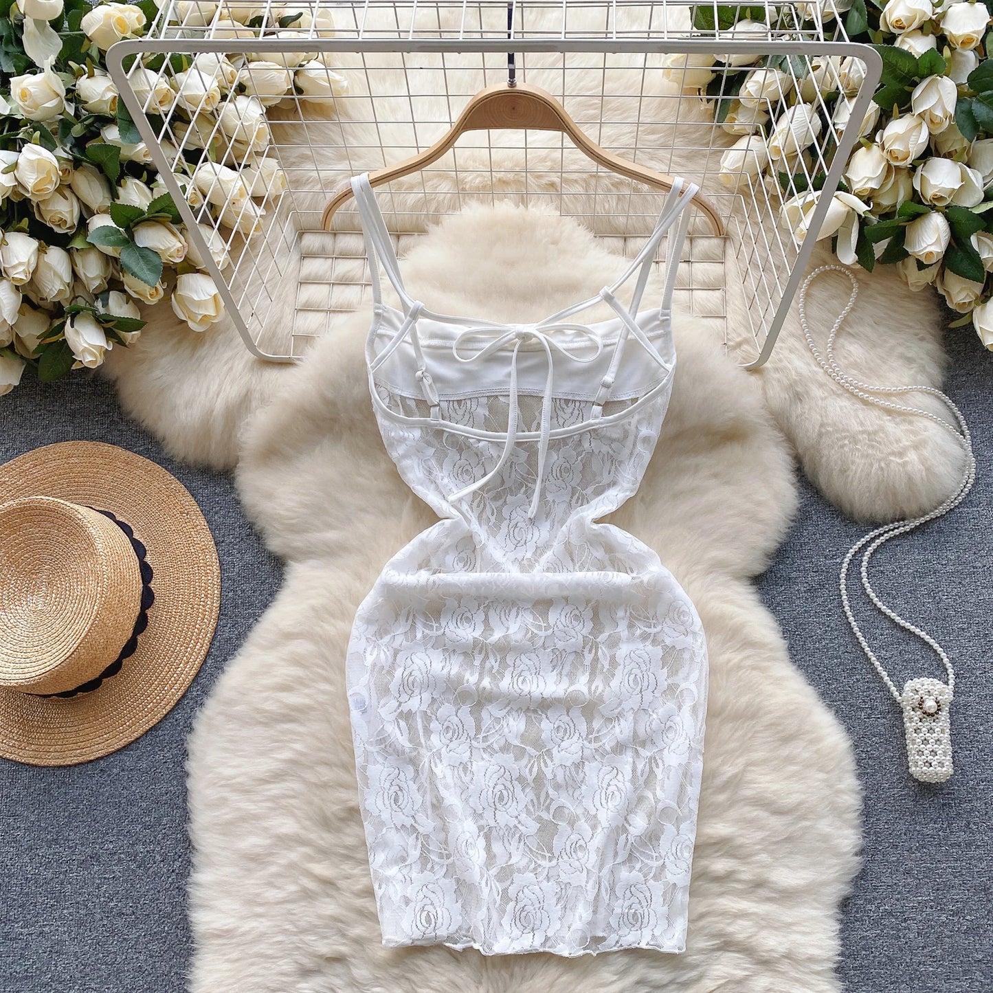 Sheer Sensual Mini Strap Dress Women Hollow Out  Sexy Slim Streetwear 2023 Mesh Lace  o Nightdress Wanita