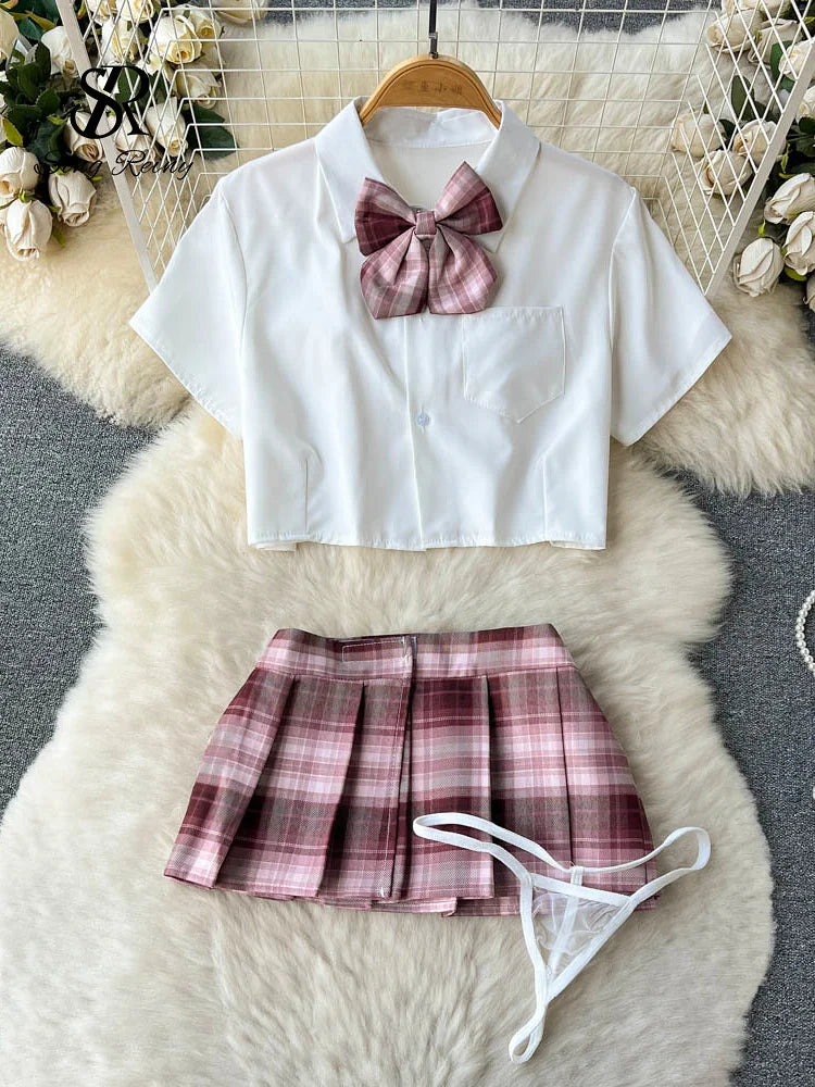 Cosplay Outfit Frauen Revers Hals Kurzes Hemd + Plaid Mini Rock + Tangas 2023 Adrette Sexy Nachtwäsche Wanita