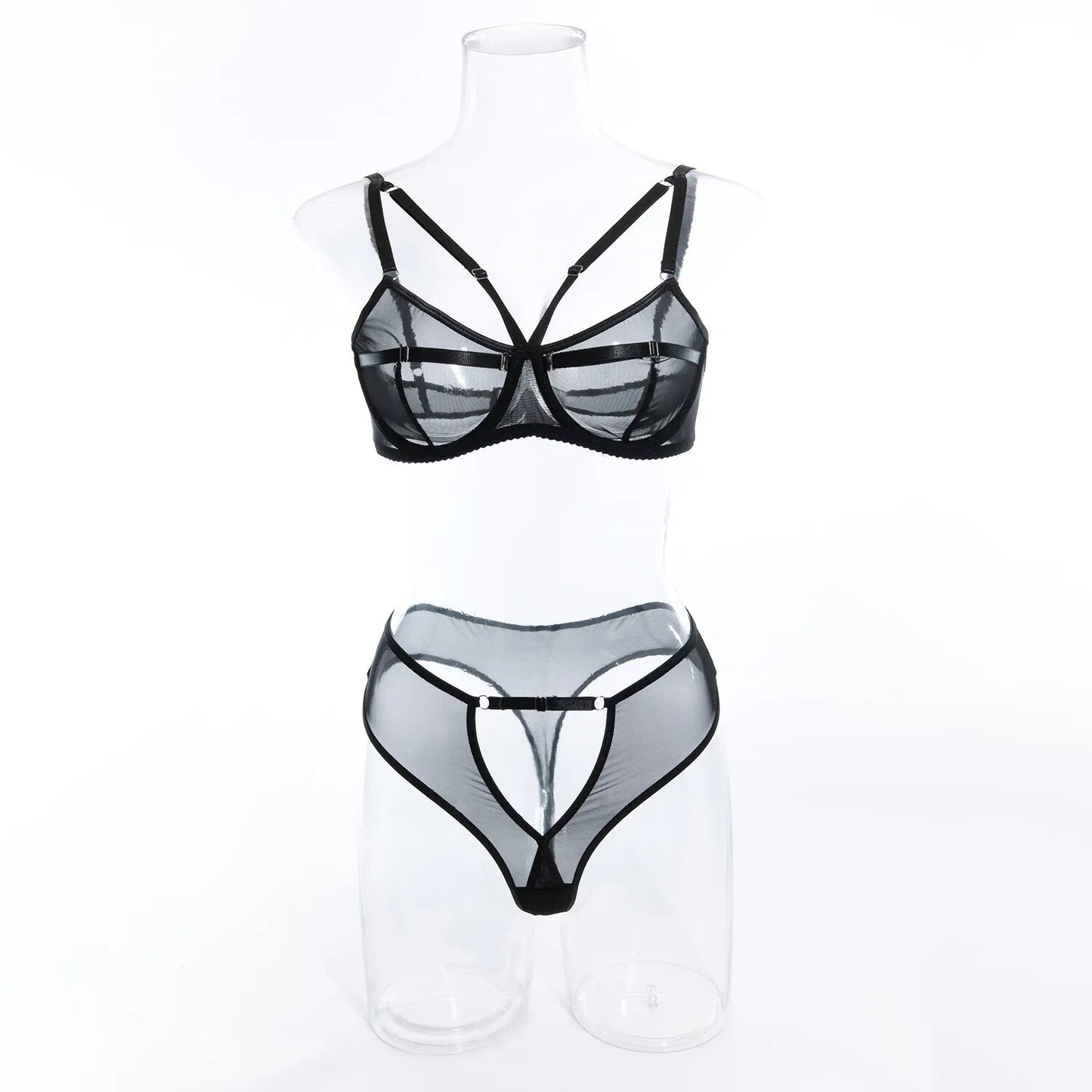 Conjunto de lencería de 2 piezas para mujer, conjunto de Bilizna de encaje transparente, conjunto de sujetador y bragas íntimos sexys de malla sin costuras, ropa interior transparente