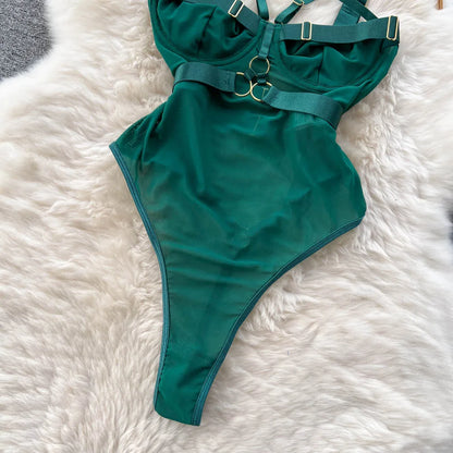 Fashion Sheer Sexy Bodysuits Women Buckle Crossing Halter Strap Open Crotch Nightwear Hollow Out Slim Sensual Playsuit Wanita