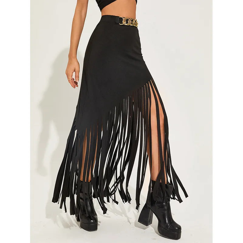 Goth Dark Tassel Punk Style Sexy Women Maxi Skirts Mall Gothic Grunge High Waist Long Skirt With Ring Belt Black Club Streetwear