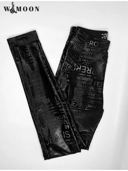 Leggings de cuero elásticos con grafiti y letras para mujer, mallas de lana ajustadas cálidas de cintura alta para otoño e invierno, pantalones pitillo de PU para motocicleta