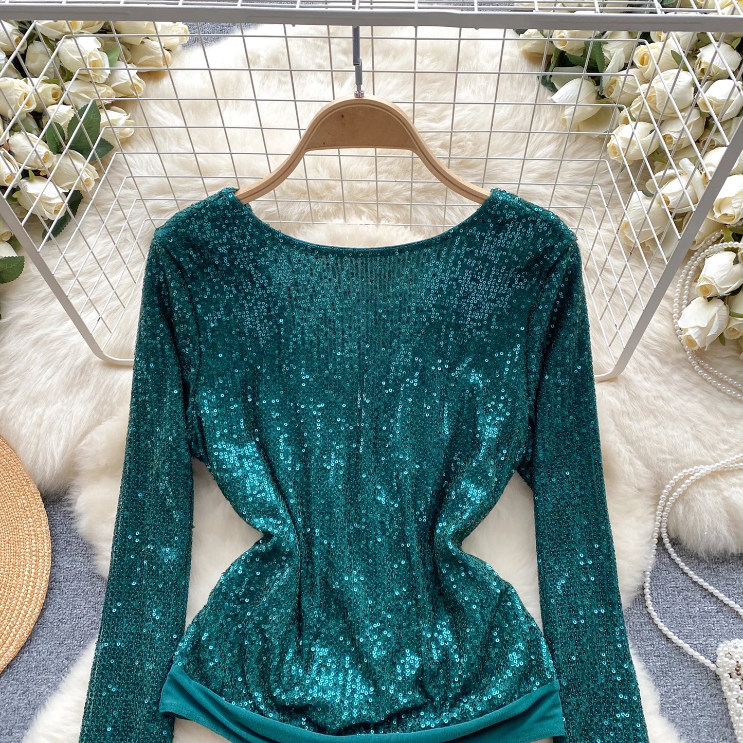 Senior Women Sheath Sexy Bodysuits Long Sleeved Backless Open Crotch Shapewear 2023 Fashion Sequins Night Club Outfit Wanita