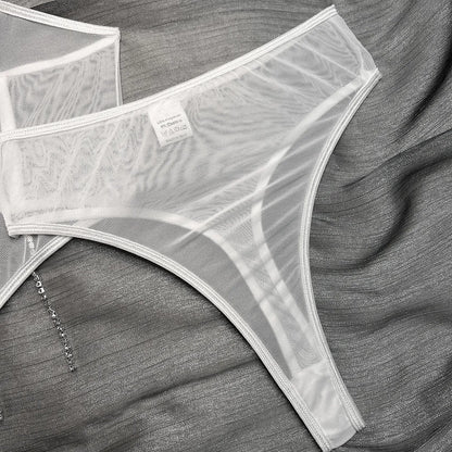 Conjuntos de lencería con diamantes de imitación para mujer, ropa interior de encaje Sexy de lujo, borlas brillantes, sujetador sin costuras, traje fino transparente