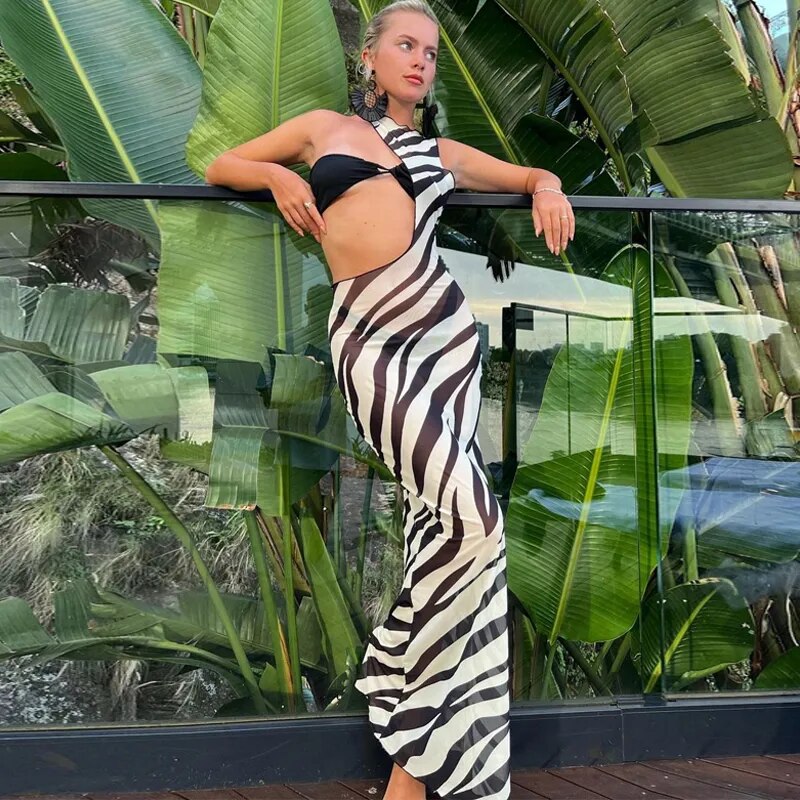 Zebra-Druck, langes Strandkleid, Cover-Ups, sexy transparentes Mesh-Maxikleid, gestreift, figurbetont, Urlaub, Sommerkleid für Damen 2023