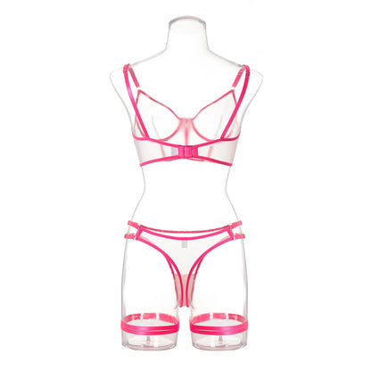 Ropa interior Sexy de neón para mujer, lencería femenina, disfraz Sexy, conjunto de sujetador transparente, encaje íntimo de 4 piezas