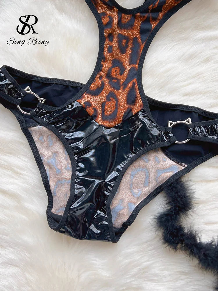 Monos sexys de cuero de leopardo para mujer, ropa de dormir ajustada con cuello Halter, monos de Cosplay coreanos con espalda descubierta Wanita