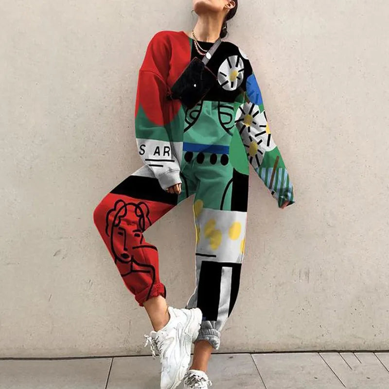 Traje deportivo informal para mujer, conjunto de Tops y pantalones de tubo con estampado Harajuku a la moda, Sudadera con capucha de otoño, conjunto de dos piezas de chándal