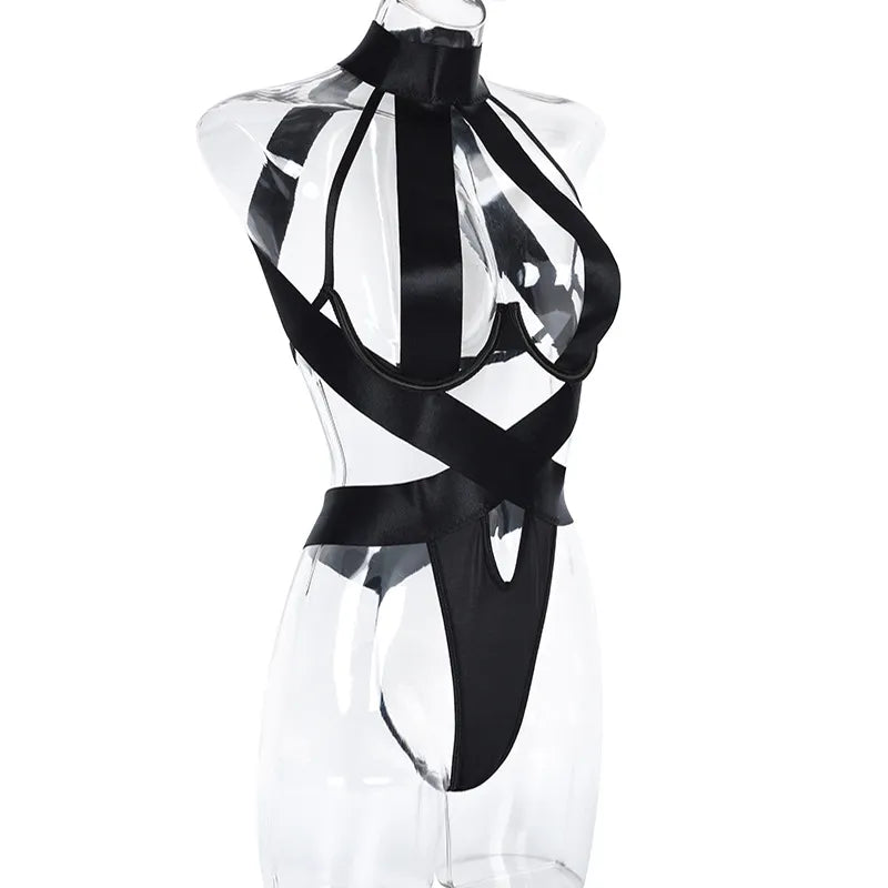 Lencería transparente Halter Body mujeres ahueca hacia fuera disfraces Sexy íntimo negro Body