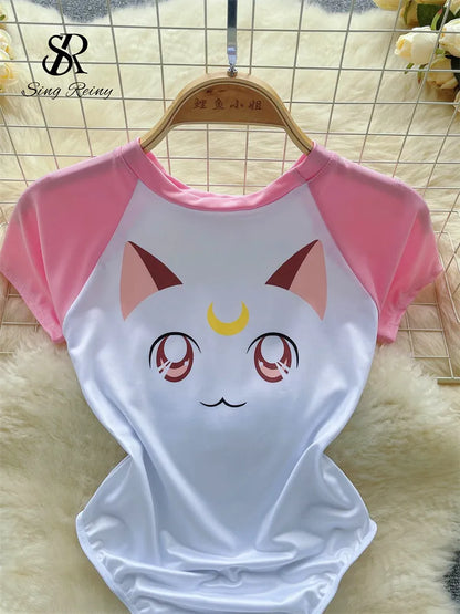 Summer Women Sweet Slim Bodysuits O Neck Short Sleeves Cat Print T Shirt Ladies Open Crotch Elastic Sexy Playsuits Wanita